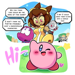 1_eye ambiguous_gender blue_eyes blush blush_lines blush_stickers brown_body brown_fur brown_hair clothed clothing cute_fangs day detailed_background dialogue eyewear eyewear_on_head fangs female feral flower fur goggles goggles_on_head hair logo looking_at_another looking_at_viewer machine male one_eye_closed outside pink_body pink_eyes pink_scales plant red_body red_eyes scales size_difference solo speech_bubble tan_body tan_fur teeth text whiskers wink winking_at_viewer forest_draw gameoverse glitch_productions kirby_(series) nintendo gobbles_(gameoverse) kaboodle_(gameoverse) kirby kit_bodega dinosaur felid feline humanoid mammal prehistoric_species reptile robot scalie waddling_head 1:1 2026 absurd_res artist_logo artist_name comic crossover digital_drawing_(artwork) digital_media_(artwork) english_description english_text hi_res