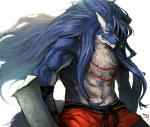 abs anthro beads biceps blue_body blue_fur blue_hair chest_fur clothed clothing countershading fur hair jewelry long_hair male manly melee_weapon muscular muscular_anthro muscular_male necklace sash simple_background smile solo topless weapon white_body white_fur yellow_eyes nick300 sega shining_(sega) shining_force shining_force_exa duga_(shining) canid canine canis mammal sourou_cerulean_wolf wolf 2008