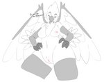 absurd_res anthro areola arm_feathers arm_warmers armwear avian beak big_breasts bird black_beak blush breasts chest_tuft clitoris clothing corvid digital_media_(artwork) eira_(eiraryyu) eyebrows feathered_wings feathers female genitals hands_on_hips hardscales hi_res javan_green_magpie large_wings legwear low-angle_view magpie_(corvid) monochrome nautile nipple_blush nipples oscine passerine plump_labia pussy raised_eyebrow simple_background sketch slim small_waist smile smiling_at_viewer smirk smirking_at_viewer solo text thick_thighs thigh_highs tuft white_body wings