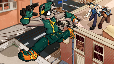 5_fingers anthro anthro_focus beak beanie black_body black_clothing black_footwear black_fur black_hat black_headwear black_inner_ear black_nose black_shoes blue_bottomwear blue_clothing blue_hat blue_headwear blue_pants blue_topwear blue_vest bottomwear brown_bottomwear brown_clothing brown_footwear brown_jacket brown_pants brown_shoes brown_topwear clothed clothing detective facial_markings feathers female fingerless_gloves fingers footwear fur gloves green_bottomwear green_clothing green_footwear green_gloves green_handwear green_hat green_headwear green_pants green_shoes green_topwear green_vest grey_beak grey_body grey_fur grey_hair group hair handwear hat head_markings headgear headwear jacket jacket_vest looking_at_another looking_back male male_focus markings mask_(marking) motion_lines open_clothing open_jacket open_topwear orange_clothing orange_footwear orange_shirt orange_shoes orange_topwear outside pants power_lines red_body red_feathers rooftop running sharp_teeth shirt shoes smile smirk solo_focus spray_can street tan_hat tan_headwear teeth text topwear trilby vest white_clothing white_shirt white_topwear wind yellow_body yellow_feathers felino cordell kathy_(felino) sally_(felino) trick_(tricktrashing) avian bird cockatoo crocodile crocodilian mammal owl parrot procyonid raccoon reptile scalie 2025 absurd_res hi_res japanese_text
