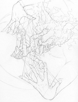 anthro bdsm bondage bound cat's_cradle duo erection genitals humanoid_genitalia humanoid_penis macro male micro nude penis puppet size_difference smaller_male tongue what valk demon domestic_cat felid feline felis mammal monochrome sketch traditional_media_(artwork)