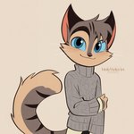 anthro black_ears black_eyebrows black_nose black_stripes blue_eyes bottomwear clothed clothed_anthro clothed_male clothing eyebrows fingers fluffy fluffy_tail fully_clothed fully_clothed_anthro fully_clothed_male fur grey_body grey_clothing grey_fur grey_sweater grey_topwear head_tuft male male_anthro markings monotone_clothing monotone_sweater monotone_topwear mouth_closed multicolored_body multicolored_fur pants pink_inner_ear shirt smile solo standing striped_body striped_fur striped_markings striped_tail stripes sweater tail tail_markings tan_body tan_fingers tan_fur text topwear tuft two_tone_body two_tone_fur whiskers white_bottomwear white_clothing white_pants white_shirt white_topwear white_whiskers littlevioletart lackadaisy rocky_rickaby domestic_cat felid feline felis mammal tabby_cat 1:1 2025 artist_name colored digital_drawing_(artwork) digital_media_(artwork) hi_res portrait three-quarter_portrait