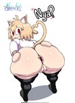 ahoge ambiguous_text animal_ears anus big_butt black_clothing black_legwear black_thigh_highs blonde_hair butt clothing dialogue female genitals hair heart_symbol heart_tail huge_butt legwear light_body light_skin looking_at_viewer looking_back looking_back_at_viewer open_mouth pussy rear_view red_eyes short_hair simple_background solo spread_butt spreading tail talking_to_viewer text thick_thighs thigh_highs topwear white_background white_clothing white_topwear wide_hips alviriaart tsukihime type-moon neco-arc animal_humanoid cat_humanoid felid felid_humanoid feline feline_humanoid humanoid mammal mammal_humanoid hi_res