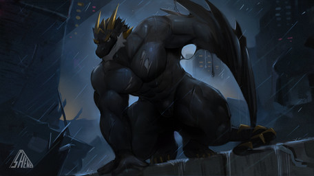 anthro apartment_building black_body bulge city clothing front_view grin horn looking_at_viewer male outside raining smile solo tail teeth torn_clothing xiaoshengsm mythology rockwell_613 dragon mythological_creature mythological_scalie scalie 2023 absurd_res hi_res watermark