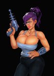 1_eye big_breasts big_butt breasts bulging_breasts butt cleavage clothed clothing female fully_clothed gun hand_on_hip huge_breasts laser_gun lips not_furry ranged_weapon small_waist solo thick_lips thick_thighs weapon wide_hips boobsgames comedy_central futurama turanga_leela cyclops humanoid hi_res