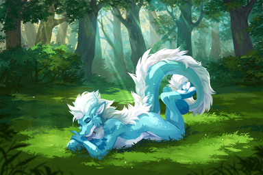 anthro arm_tuft blue_body blue_fur cheek_tuft eyebrow_piercing eyes_closed facial_piercing facial_tuft forest fur grass hair light light_beam lying male mouth_closed nude on_front outside piercing plant shoulder_tuft solo sunbeam sunlight tail three-quarter_view tree tuft unsigned white_body white_fur white_hair corzh77 mythology dragon furred_dragon furred_scalie mythological_creature mythological_scalie scalie absurd_res full-length_portrait hi_res portrait