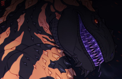ambiguous_gender black_body black_scales bodily_fluids chin_spikes drooling facial_spikes feral glistening glistening_eyes looking_at_viewer neck_spikes open_mouth orange_body orange_eyes orange_scales purple_teeth saliva scales sharp_teeth solo spikes spikes_(anatomy) teeth riorix scalie 2024 dated hi_res