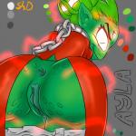 anus big_breasts breasts butt female genitals glowing glowing_eyes green_hair green_pussy hair looking_at_viewer looking_back not_furry pupils pussy slit_pupils smile solo unknown_artist awesomenauts ayla_(awesomenauts) alien 1:1 hi_res