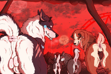 animal_genitalia animal_penis animal_vulva anus anus_blush balls blush blush_lines blushing_profusely bodily_fluids canine_genitalia canine_penis canine_vulva casual_exposure cheek_tuft city ear_piercing facial_tuft female feral fluffy fluffy_butt fluffy_tail genital_fluids genitals group hell horn looking_at_viewer looking_back male mountain neck_tuft penis piercing pink_anus planet puffy_anus raised_tail rear_view red_eyes red_sky saliva saliva_string scar sheath sky smile tail tuft vulva wings parooty leyrune_(parooty) mey_(parooty) skib veya_(parooty) australian_shepherd border_collie canid canine canis collie demon domestic_dog fox herding_dog husky mammal nordic_sled_dog pastoral_dog sheepdog spitz succubus 3:2