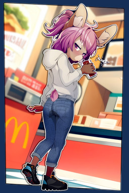 5_fingers anthro biped blue_bottomwear blue_clothing blue_jeans blue_pants bodily_fluids bottomwear casual_urination clothed clothing container cup denim denim_bottomwear denim_clothing detailed_background drinking drinking_straw exhibitionism eyebrows eyelashes fast_food_restaurant female fingers footwear fully_clothed fur genital_fluids hair holding_container holding_cup holding_object hoodie humanoid_hands inner_ear_fluff jeans logo looking_at_viewer looking_back looking_back_at_viewer medium_hair nub_tail pants peeing peeing_on_self plantigrade public public_peeing puckered_lips restaurant shoes slim slim_anthro slim_female sneakers solo topwear tuft urine urine_on_self urine_stain watersports wet wet_bottomwear wet_clothing wetting wetting_bottomwear young young_anthro young_female ai_assisted ai_generated_background sicmop mcdonald's henryka_(hendric) domestic_rabbit dwarf_rabbit lagomorph leporid mammal oryctolagus rabbit 2024 2:3 absurd_res alpha_channel digital_media_(artwork) hi_res