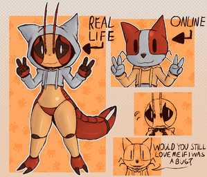 2_toes 4_fingers :3 abstract_background ambiguous_gender antennae_(anatomy) anthro arthropod_abdomen big_eyes black_sclera bodily_fluids bottomless closed_smile clothed clothing cropped_hoodie dialogue disguise exoskeleton eyelashes featureless_crotch feet fingers flying_sweatdrops gesture halftone_shading hand_gesture happy hoodie hoodie_only index_to_index looking_at_viewer mouth_closed multicolored_body multicolored_exoskeleton nervous open_mouth open_smile outline partial_speech_bubble red_body red_exoskeleton simple_eyes smile solo standing sweat sweatdrop talking_to_viewer tan_body tan_clothing tan_exoskeleton tan_hoodie tan_topwear text thick_thighs toes topwear topwear_only two_tone_body two_tone_exoskeleton v_sign white_clothing white_eyes white_hoodie white_outline white_topwear wide_hips lizardfungus cc-by-nc-nd creative_commons yuna_bang arthropod earwig insect 2025 aliasing binary_drawing digital_drawing_(artwork) digital_media_(artwork) english_text halftone multiple_images female_(lore)