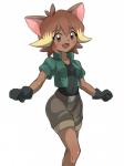 anthro belt breasts brown_body brown_eyes brown_fur brown_hair clothed clothing cute_fangs fangs female fur gloves hair handwear jacket looking_at_viewer navel open_mouth simple_background solo standing teeth topwear white_background shoukin500 bomberman bomberman_jetters hudson_soft konami misty_(bomberman) domestic_cat felid feline felis mammal 2018 absurd_res hi_res