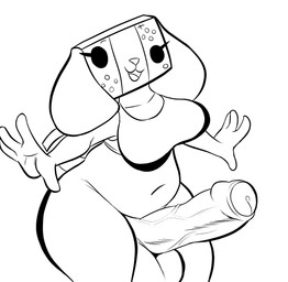 anthro balls big_penis breasts butt erection foreskin genitals gynomorph humanoid_genitalia humanoid_penis intersex looking_at_viewer nude open_mouth penis shortstack shortstack_gynomorph shortstack_intersex simple_background smile solo standing thick_thighs tongue vein white_background wide_hips isolatedartest nintendo nintendo_switch switch_dog animate_inanimate canid mammal 2020 absurd_res hi_res monochrome