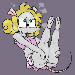 3_fingers 3_toes ambiguous_gender anthro barefoot big_butt blonde_hair bodily_fluids breath bulge butt clothed clothed_anthro clothing curly_hair eyewear feet fingers glasses green_eyes grey_body hair legs_up nervous paws pigtails soles solo sweat sweatdrop swimwear thick_thighs toes young young_ambiguous young_anthro pwnnie ratgore_(pwnnie) mammal murid murine rat rodent