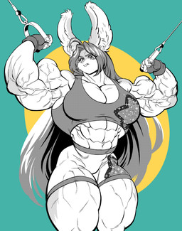 abs anthro bicep_curl biceps big_breasts big_muscles breasts buckteeth clothed clothing deltoids exercise female flexing flexing_bicep flexing_both_biceps fluffy_ears gloves handwear huge_muscles inner_ear_fluff muscular muscular_anthro muscular_arms muscular_female muscular_thighs pecs pecs_with_breasts simple_background solo teeth tuft vein veiny_arms veiny_muscles workout workout_clothing workout_equipment tilingart tilly_(flufffluff84) lagomorph mammal absurd_res hi_res