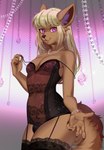 2023 anthro canid canine canis clothed clothing crossdressing fur garter_straps gem girly gyaru hi_res jackal jewelry legwear lingerie looking_at_viewer male mammal necklace nitricacid pearl_(gem) smile solo stockings teddy_(clothing) zera_(zerarick)