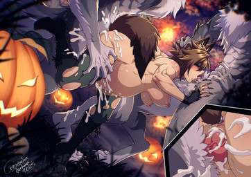 abs anal anal_penetration anthro anus bodily_fluids boots buttplug buttplug_tail clothing cum cum_in_mouth cum_inflation cum_inside cum_splatter cutaway digitigrade duo dutch_angle eyeshadow faceless_character faceless_male fake_ears fake_tail fellatio female female_on_anthro food footwear from_behind_position fruit fur genital_fluids genitals grey_body grey_fur holidays human_on_anthro humanoid_genitalia humanoid_vulva inflation interspecies jack-o'-lantern knotting legwear makeup male male/female male_on_human muscular muscular_female nipples oral penetration penile plant plug_(sex_toy) pumpkin scar sex sex_toy shoes spitroast thigh_highs torn_clothing vaginal vaginal_knotting vaginal_penetration vulva crescentia_fortuna halloween canid canine canis human mammal wolf