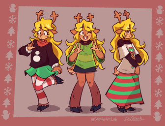 anthro black_clothing black_shirt black_topwear blonde_hair bottomwear brown_body brown_fur clothing female freckles fur green_clothing green_shirt green_topwear hair horn pink_clothing pink_shirt pink_topwear shirt skirt solo topwear stephsartlab deltarune undertale_(series) noelle_holiday deer mammal new_world_deer reindeer 2025