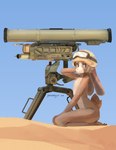 anthro anti-tank armor headgear headgear_only helmet helmet_only kneeling male mostly_nude ranged_weapon rocket_launcher sand solo weapon panzery25 lagomorph leporid mammal rabbit 2024 absurd_res digital_media_(artwork) digital_painting_(artwork) hi_res