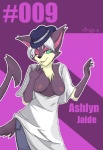 anthro breasts clothing female fur green_eyes hat headgear headwear nipples one_eye_closed purple_body purple_fur shirt solo text topwear wink mingchee nintendo pokemon felid generation_5_pokemon mammal pokemon_(species) purrloin english_text