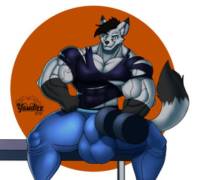 anthro bench bulge clothing exercise male muscular muscular_anthro muscular_male solo swollen torn_clothing weightlifting weights workout yaudizz canid canine fox mammal hi_res