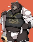 anthro asian_clothing belly chain_collar clothed clothing collar east_asian_clothing electronics fundoshi japanese_clothing male nipples overweight overweight_male partially_clothed phone phone_screen scar shirt solo topwear underwear white_clothing white_fundoshi white_underwear bearlovestiger13 mihoyo zenless_zone_zero ben_bigger bear brown_bear grizzly_bear mammal ursine 2022 hi_res