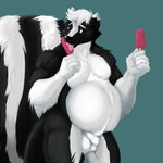 anthro balls belly big_belly black_body black_fur brown_eyes flaccid food foreskin fur genitals green_background hair licking_popsicle looking_at_viewer male nude penis popsicle simple_background skunk_tail solo tongue white_body white_fur white_hair pandottermon skunktember cecil_(pandottermon) mammal mephitid skunk 1:1