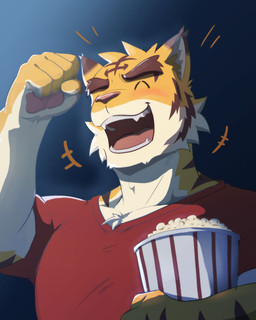 anthro blush brown_stripes clothing countershade_arms countershade_face countershade_torso countershading eyes_closed food fur happy male open_mouth open_smile pawpads pink_pawpads popcorn red_clothing red_shirt red_t-shirt red_topwear shirt smile solo striped_body striped_fur stripes t-shirt tan_body tan_countershading tan_fur topwear yellow_body yellow_fur voitman2024 morenatsu torahiko_ooshima felid mammal pantherine tiger 2026 4:5 absurd_res hi_res