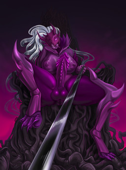 1_eye anthro anus areola balls big_breasts big_penis breasts chair claws dominant dominant_gynomorph dominant_intersex furniture genitals glistening glistening_areola glistening_balls glistening_breasts glistening_genitalia glistening_nipples glistening_penis glistening_tongue gynomorph hair intersex leash leash_pull nipples penis purple_areola purple_body purple_breasts purple_nipples purple_scales purple_skin scales solo throne tongue tongue_out white_hair dfffg eternal_rose_(darkescape) eldritch_being hi_res