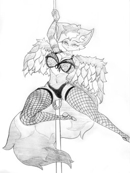 anthro big_breasts breasts clothing curvy_figure female fishnet_clothing fishnet_legwear fluffy fluffy_tail hourglass_figure huge_breasts legwear pole solo stripper_pole tail wings fibbelous 3:4 hi_res monochrome traditional_media_(artwork)