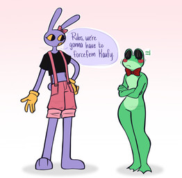 4_fingers anthro big_eyes black_clothing black_crop_top black_shirt black_topwear bow_tie clothing crop_top crossed_arms dialogue duo eyes_closed feet female fingers fur gloves gradient_background green_body hand_on_hip hand_on_own_hip handwear humor looking_at_another membrane_(anatomy) nodding nodding_head overalls pink_bow pink_clothing pink_overalls purple_body purple_fur red_bow_tie shirt short_tail simple_background speech_bubble standing tail talking_to_another text toes topwear webbed_feet yellow_clothing yellow_gloves yellow_handwear cobwebbedvelour glitch_productions the_amazing_digital_circus gooseworx's_post-transition_jax_design jax_(tadc) ribbit_(tadc) amphibian frog lagomorph leporid mammal rabbit 2026 absurd_res digital_drawing_(artwork) digital_media_(artwork) english_description english_text hi_res trans_(lore) trans_woman_(lore)