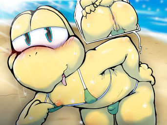 5_fingers anthro anus beach big_butt bikini bikini_pull biped blue_eyes blush blush_lines bodily_fluids bulge butt butt_grab clothed clothed_anthro clothed_male clothing clothing_pull crossdressing crossdressing_male cutaway detailed_bulge femboy fingers glistening glistening_eyes green_bikini green_clothing green_swimwear half-closed_eyes hand_on_butt hand_on_own_butt leaning leaning_forward light looking_at_viewer male male_anthro micro_bikini narrowed_eyes navel nipples open_mouth outside perineum rear_view red_nipples sand sea short_tail solo sunlight sweat sweatdrop sweaty_body swimwear swimwear_pull tail teasing tongue tongue_out two-piece_swimsuit water yellow_body yellow_tail yamausagi0619 mario_bros nintendo koopa koopa_troopa reptile scalie tortoise turtle 2025 digital_media_(artwork) hi_res