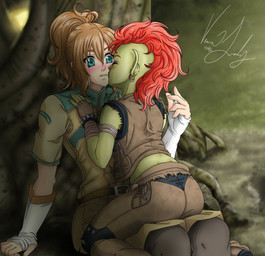 alternative_fashion blue_eyes blush bracelet brown_hair clothed clothing duo ear_piercing female femboy gloves green_body green_skin hair handwear interspecies jewelry kissing kissing_cheek knife larger_sub male male/female not_furry piercing punk red_hair shy size_difference straddling studs submissive topwear vest vesenia corruption_of_champions fan_character momiji_hanamura goblin human humanoid mammal 2016 dated digital_drawing_(artwork) digital_media_(artwork) hi_res signature