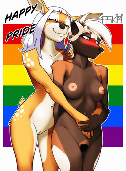 anthro bleached_hair blonde_hair blue_eyes blue_hair blush blushing_profusely breasts brown_body brown_fur countershading duo ear_tuft female female/female fur fur_markings genitals hair hairy_vulva hug love markings nipples orange_body orange_fur pouting shaved_vulva smile tuft tufted_fur vulva masikadraws be_(masikadraws) jenny_(masikadraws) hi_res