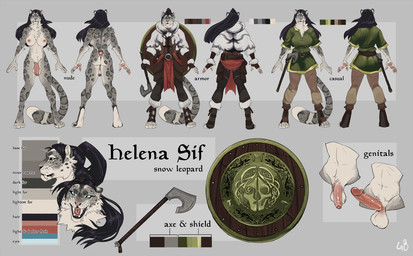 4_toes 5_fingers abs anthro areola arm_tuft armor axe balls belt black_hair blue_eyes boots bottomwear breasts butt chest_tuft claws clothing coat crotch_tuft digitigrade dipstick_tail elbow_tuft erection fangs feet fingers footwear foreskin fur furgonomics genitals grey_background grey_body grey_claws grey_fur gynomorph hair humanoid_genitalia humanoid_penis intersex long_hair markings melee_weapon multicolored_tail navel neck_tuft nipples nude open_mouth pants pawpads penis pink_areola pink_nipples pink_nose pink_pawpads ponytail sabertooth_(anatomy) shield shoes simple_background solo spots standing tail tail_markings teeth text toes tongue topwear tuft weapon whiskers twistedteeth helena_sif_(elfox) felid mammal pantherine snow_leopard 2018 english_text hi_res model_sheet signature