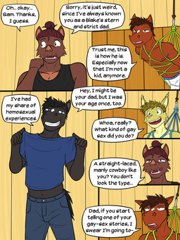 age_difference annoyed anthro bdsm black_body black_clothing black_shirt black_tank_top black_topwear blue_clothing blue_eyes blue_shirt blue_t-shirt blue_topwear blush bondage bound briefs brown_body clothed clothed_anthro clothed_male clothing clothing_pull countershading detailed_background dialogue diamond_(marking) ear_tuft ears_down eyebrows fangs first_person_view fully_clothed fully_clothed_anthro fully_clothed_male group hair hair_bun hand_on_own_neck hands_on_shoulders male male_anthro markings narrowed_eyes navel nipples open_mouth pivoted_ears pointy_ears prick_ears raised_eyebrow restraints rope rope_bondage shirt shirt_pull smile smirk snout speech_bubble suspension suspension_bondage t-shirt tank_top teeth text tighty_whities tongue toothy_grin topknot topless topless_anthro topless_male topwear topwear_pull tuft tugging_clothing tusks underwear underwear_only white_briefs white_clothing white_underwear fuze texnatsu adam_caro blake_jackson jorge_san_nicolas sam_jackson bobcat equid equine felid feline horse lynx mammal suid suine sus_(pig) wild_boar 3:4 comic english_text hi_res father_(lore) father_and_child_(lore) father_and_son_(lore) parent_(lore) parent_and_child_(lore) parent_and_son_(lore) son_(lore)