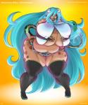 5:6 abstract_background big_breasts big_butt bovid bovine breasts butt clothed clothing english_text female hair hatsune_miku hi_res horn huge_breasts jacques00 long_hair mammal overweight overweight_female panties solo text transformation underwear vocaloid wide_hips