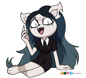 anthro black_clothing black_dress blue_hair clothing dress eyeshadow female hair long_hair looking_at_viewer makeup notched_ear occult_symbol open_mouth open_smile pentagram pupils simple_background sitting_on_side slit_pupils smile solo symbol white_background young young_anthro young_female barryfactory cartoon_hangover the_summoning claire_(the_summoning) domestic_cat felid feline felis mammal 2020