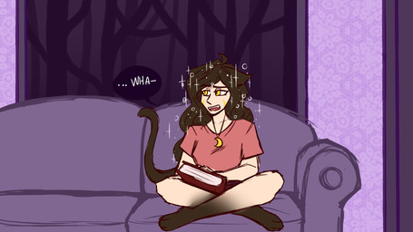 3_toes animal_ears animal_feet anthro black_hair book closed_book clothed clothed_female clothed_humanoid clothing dialogue eyebrows facial_markings feet female front_view furniture hair head_markings holding_book holding_object inside long_hair markings medium_comic moon_pendant on_sofa open_mouth pupils raised_eyebrow red_clothing red_shirt red_tongue red_topwear shirt sitting sitting_on_sofa slit_pupils sofa solo sparkles sparkling_hair speech_bubble tail talking_to_another teeth text toes tongue tongue_showing topwear wall_(structure) white_sclera yellow_eyes yellow_markings kiingkiismet animal_humanoid felid felid_humanoid feline feline_humanoid humanoid mammal mammal_humanoid 16:9 2021 comic digital_drawing_(artwork) digital_media_(artwork) english_text flat_colors full-length_portrait hi_res portrait widescreen