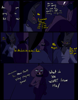 angry anthro blue_eyes bodily_fluids bottomless bottomless_anthro bottomless_female clothed clothing collar collar_only crying dialogue duo facial_scar female female_anthro kidnapping larger_female laugh light male male/female male_anthro moonlight nude nude_anthro nude_male predator/prey round_ears scar size_difference smaller_male smile snout tears text yellow_eyes privvys-art keta_(privvy) miguel_(privvy) canid canine fox mammal mouse murid murine red_fox rodent silver_fox true_fox absurd_res comic english_text hi_res