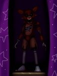 anthro big_ears big_eyes black_background black_eyes blood blood_on_feet bodily_fluids bright_eyes clothed clothing curtains curtains_open exposed_endoskeleton fur hook horror_(theme) legwear looking_at_viewer machine male metal_legs open_mouth partially_clothed pirate_cove purple_curtains red_body red_fur simple_background solo standing star teeth torn_clothing torn_legwear twtr five_nights_at_freddy's scottgames foxy_(fnaf) animatronic canid canine fox mammal robot broken 2020 digital_media_(artwork) hi_res