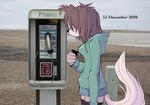 anthro beach business_card canid canine canis clothing comic date desperation domestic_dog electronics face_covered female homeless_dog hoodie mammal payphone phone photo_background photography_(artwork) ponporio_(artist) resting_head sad seaside solo text topwear
