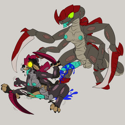 4_arms anthro arm_growth balls bodily_fluids breasts cum cumshot duo ejaculation facial_piercing genital_fluids genitals growth gynomorph intersex limb_growth multi_arm multi_limb non-mammal_breasts nose_piercing nose_ring nude open_mouth penis piercing ring_piercing simple_background smile species_transformation spiral spiral_eyes standing tail transformation runawaydanish warhammer_(franchise) warhammer_40000 brutus_(sstinkies) canid mammal tyranid 1:1 2023 digital_media_(artwork) hi_res