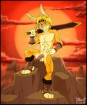 accessory anthro armor balls blonde_hair boots bracers clothing detailed_background footwear fur genitals hair headband holding_object holding_weapon humanoid_genitalia humanoid_penis male melee_weapon mostly_nude mostly_nude_anthro mostly_nude_male mountain muscular muscular_anthro muscular_male outside penis red_sky shoes sky smile solo sunset sword sword_on_shoulder toeless_footwear weapon yellow_body yellow_fur ukent cronn_(lapinbeau) lagomorph leporid mammal rabbit digital_media_(artwork) hi_res