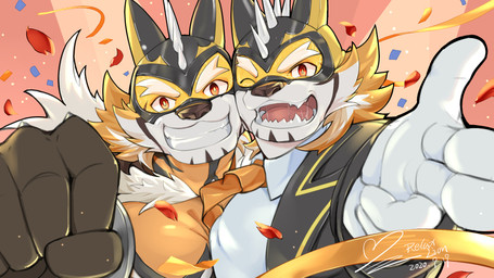 anthro bodysuit clone clothing confetti duo kemono male mask muscular muscular_male necktie one_eye_closed pecs skinsuit spandex suit superhero tight_clothing wink relax_lion lifewonders live_a_hero ryekie_(live_a_hero) felid mammal pantherine tiger 16:9 2020 hi_res widescreen