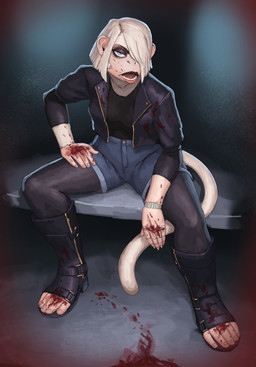 5_fingers 5_toes alternate_species anthro black_lips blood blood_on_face blood_on_foot blood_on_hand bodily_fluids boots bottomwear clothed clothing denim denim_bottomwear denim_clothing denim_shorts eyeliner eyeshadow feet female fingers footwear fur hair hair_over_eye jacket legwear lips looking_at_viewer makeup one_eye_obstructed prehensile_feet prosthetic prosthetic_hand shirt shoes short_hair shorts sitting solo stockings t-shirt toeless_boots toeless_footwear toes topwear white_body white_fur white_hair redustheriotact kaomi_(mask_jpeg) haplorhine mammal monkey primate 2022 absurd_res hi_res