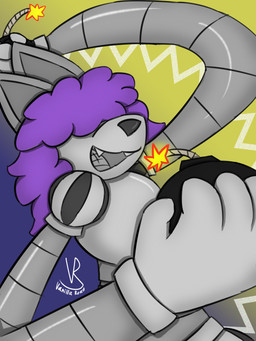 ambiguous_gender anthro bomb curly_hair explosives hair happy jester jester_outfit long_arms long_ears machine mechanical_arm mechanical_body metallic_body open_mouth puffy_sleeves purple_hair solo vanilla_road android canid canine canis mammal robot 3:4 absurd_res hi_res