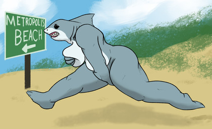 anthro beach breasts covering covering_breasts covering_crotch covering_self embarrassed fangs female nude running sand sign solo teeth text toothy_grin 4chan_anon unknown_artist dc_comics princess_shark aquatic fish shark 2025 english_text hi_res