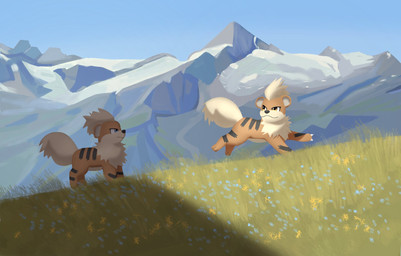 ambiguous_gender blue_eyes claws day digitigrade duo feral flower fur grass looking_back mountain orange_body outside plant quadruped side_view striped_body stripes tail yellow_body yellow_eyes yellow_fur spacecrow63 nintendo pokemon canid canine generation_1_pokemon growlithe mammal pokemon_(species) 2025 digital_media_(artwork) digital_painting_(artwork) hi_res painting_(artwork) shaded simple_shading