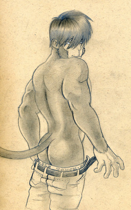 anthro back_muscles belt biceps biped bottomwear bottomwear_down butt butt_pose clothed clothing fur hair looking_at_viewer looking_back male muscular muscular_anthro muscular_male open_bottomwear open_clothing open_pants pants pants_down partially_clothed pose presenting presenting_hindquarters rear_view short_hair solo standing topless underwear underwear_down tush_(artist) haplorhine mammal monkey primate absurd_res graphite_(artwork) half-length_portrait hi_res monochrome pinup portrait three-quarter_portrait traditional_media_(artwork)